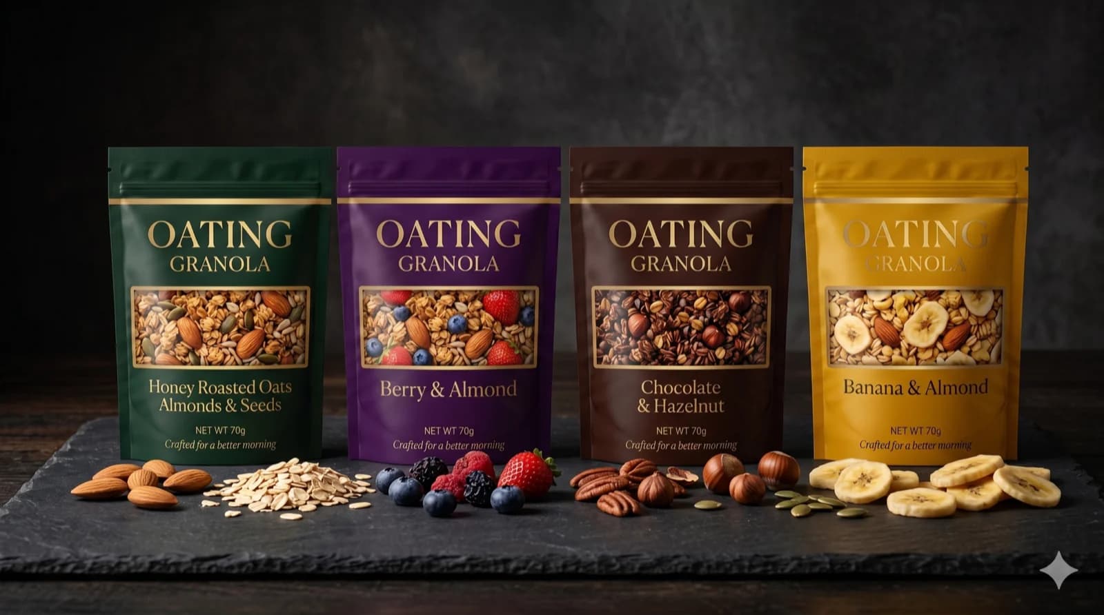 The four OATING granola pouches: Honey Roasted, Berry & Almond, Chocolate & Hazelnut, and Banana & Almond